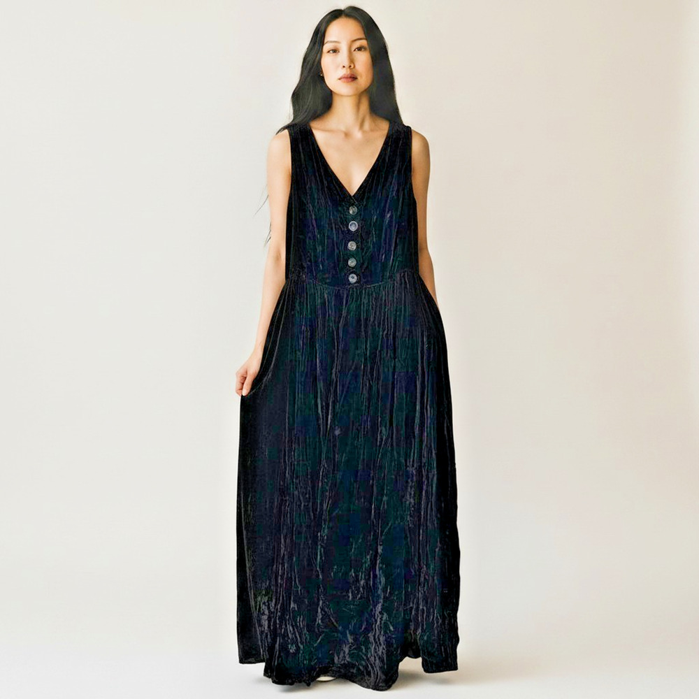 Vintage Coldwater Creek Black Crushed Velvet Button Front Dress Large Boho Maxi - Picture 2 of 12